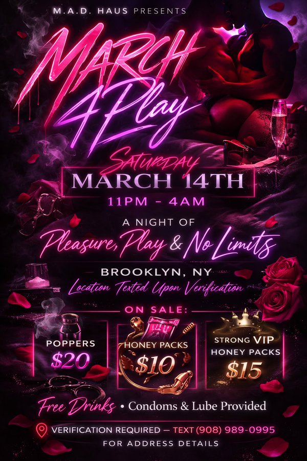 Red Light Affair event flyer: Saturday, February 28th, 11PM-4AM in Brooklyn, NY. Entry $20 before 1AM, $30 after. Dress code: underwear or nude only. Includes free drinks, condoms, lube, and $10 honey packs. Verification required - text 908-989-0995.